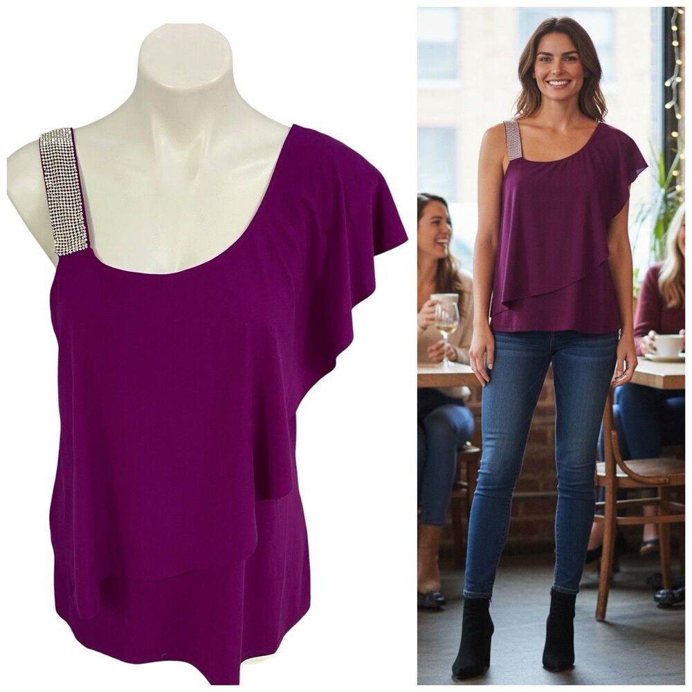 Belldini Top Womens Large Purple One Shoulder Shirt Rhinestone Strap Clubwear